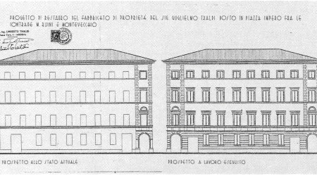 Progetto di restauro del fabbricato di proprietà del sig. G. Traldi, posto in piazza Impero fra le contrade M. Ruini e Montevecchio: prospetto su via del Taglio